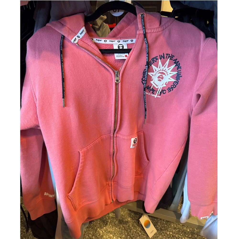 A Bathing Ape Pink Zip-up Hoodie Athleisure Fleece Lined Loungewear Warm Size L